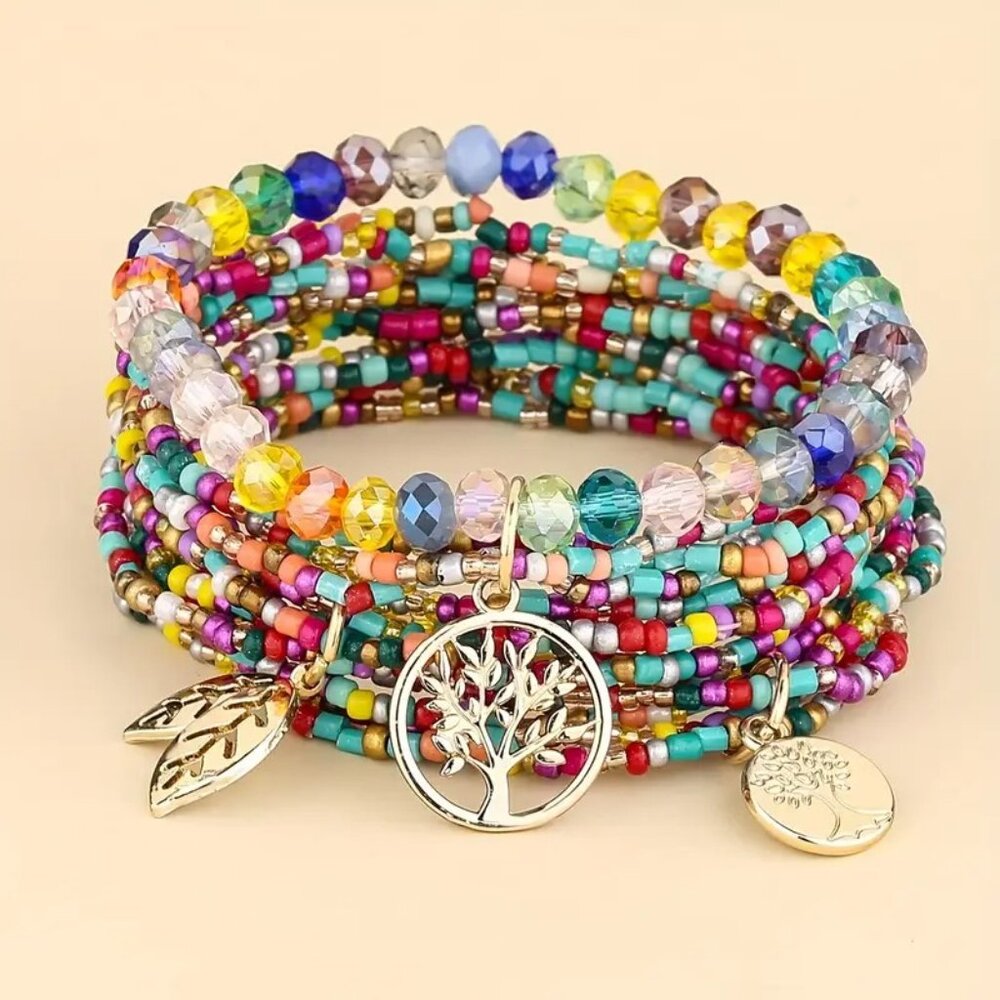 Boho-Chic 3pcs Glass Bead & Alloy Tree of Life Charm Bracelet Glamorous Beads